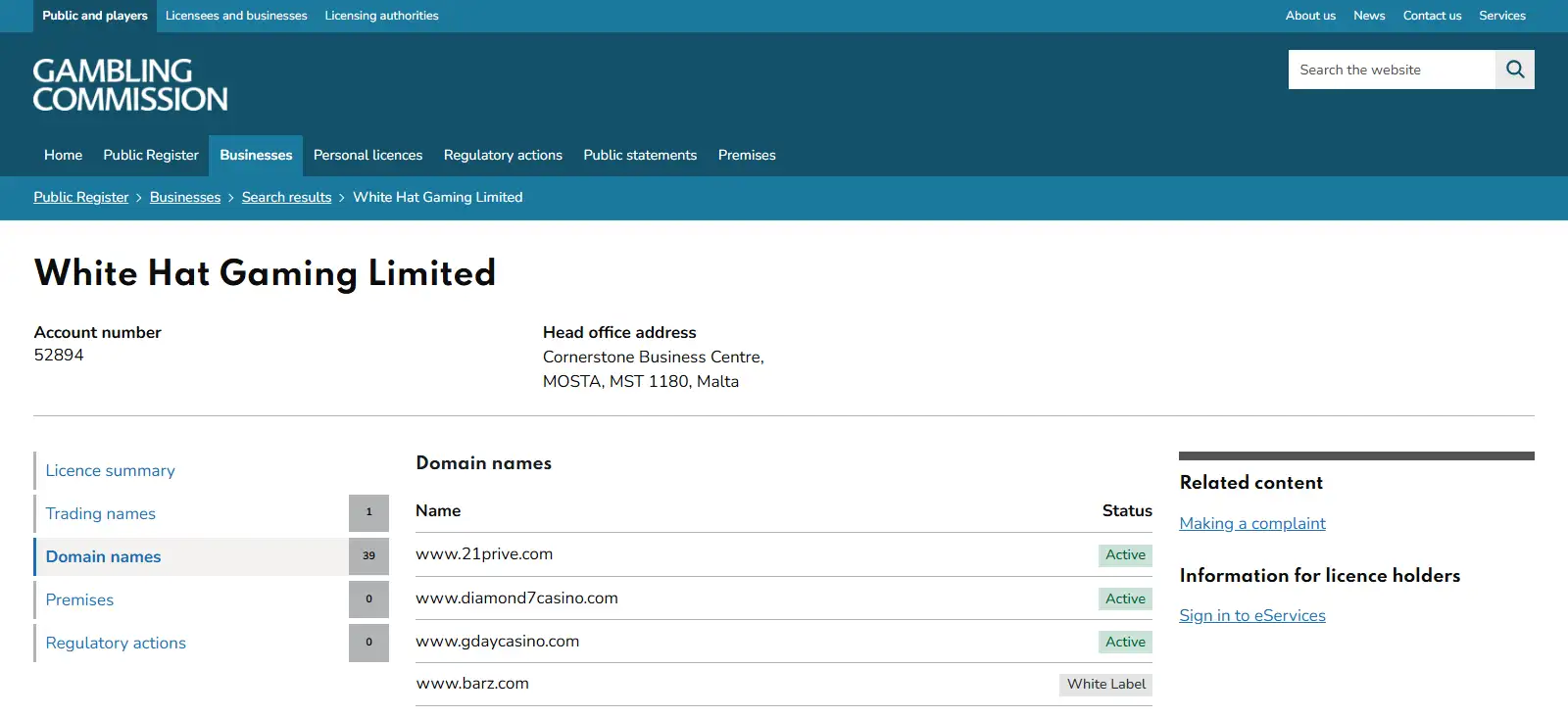 UK Gambling Commission domain record for White Hat Gaming Limited showing barz.com