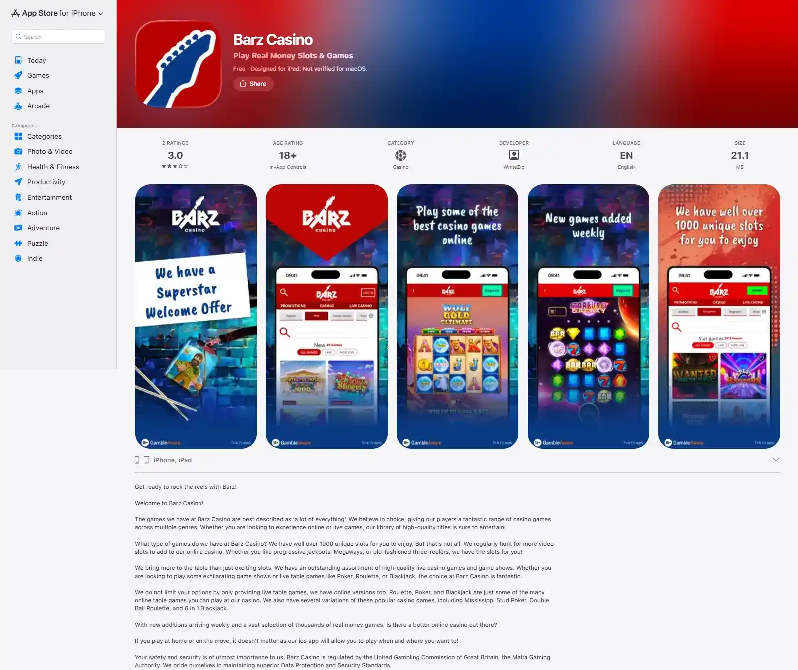 Barz Casino listing in the UK Apple App Store